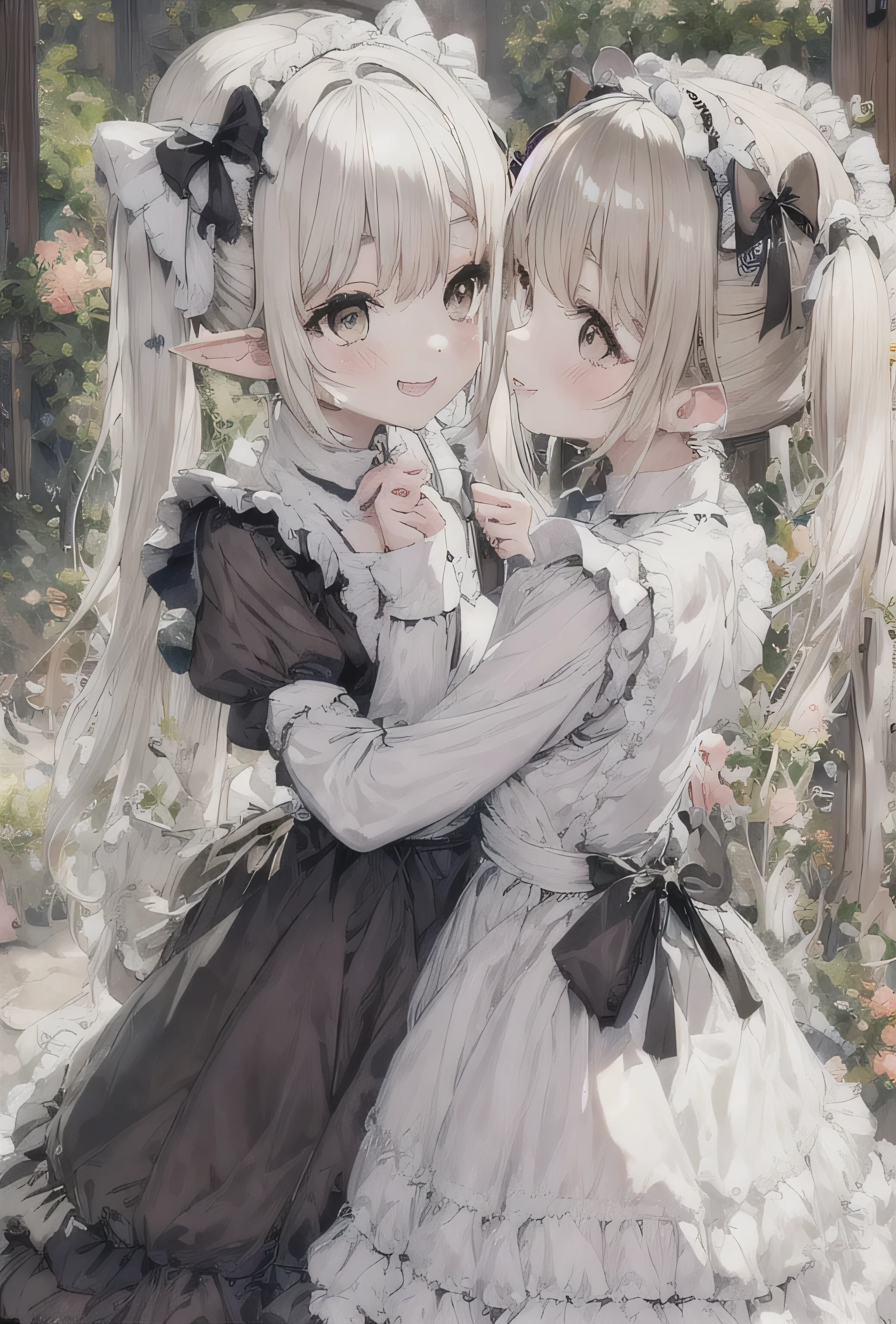 elvish two teen girls, Platinum blonde Hair、Twin tails、Brown eyes、smiling, Black maid outfit(Long sleeve、Long skirt)、White apron(long length、Bow on the back)、White tights、White petticoat(Lots of frills)、White ruffled headdress、Black strap shoes, hugging each other