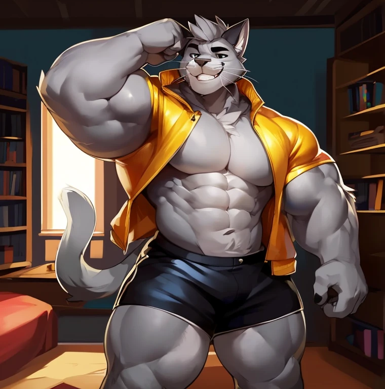 Solo, Anthro, male (((grey cat, black eyes, black pupils, muscular, , abs, cat whiskers, grey fur, grey body, grey hair, black eyebrows, tail, smiling, yellow jacket, long shorts))) standing, bedroom, bed, bookcase, full body, perfect anatomy, by darkgem, by mystikfox61, by glitter trap boy, flexing, big head, adult, tough face, big biceps and muscles, tall, outgrowing room, perfect eyes