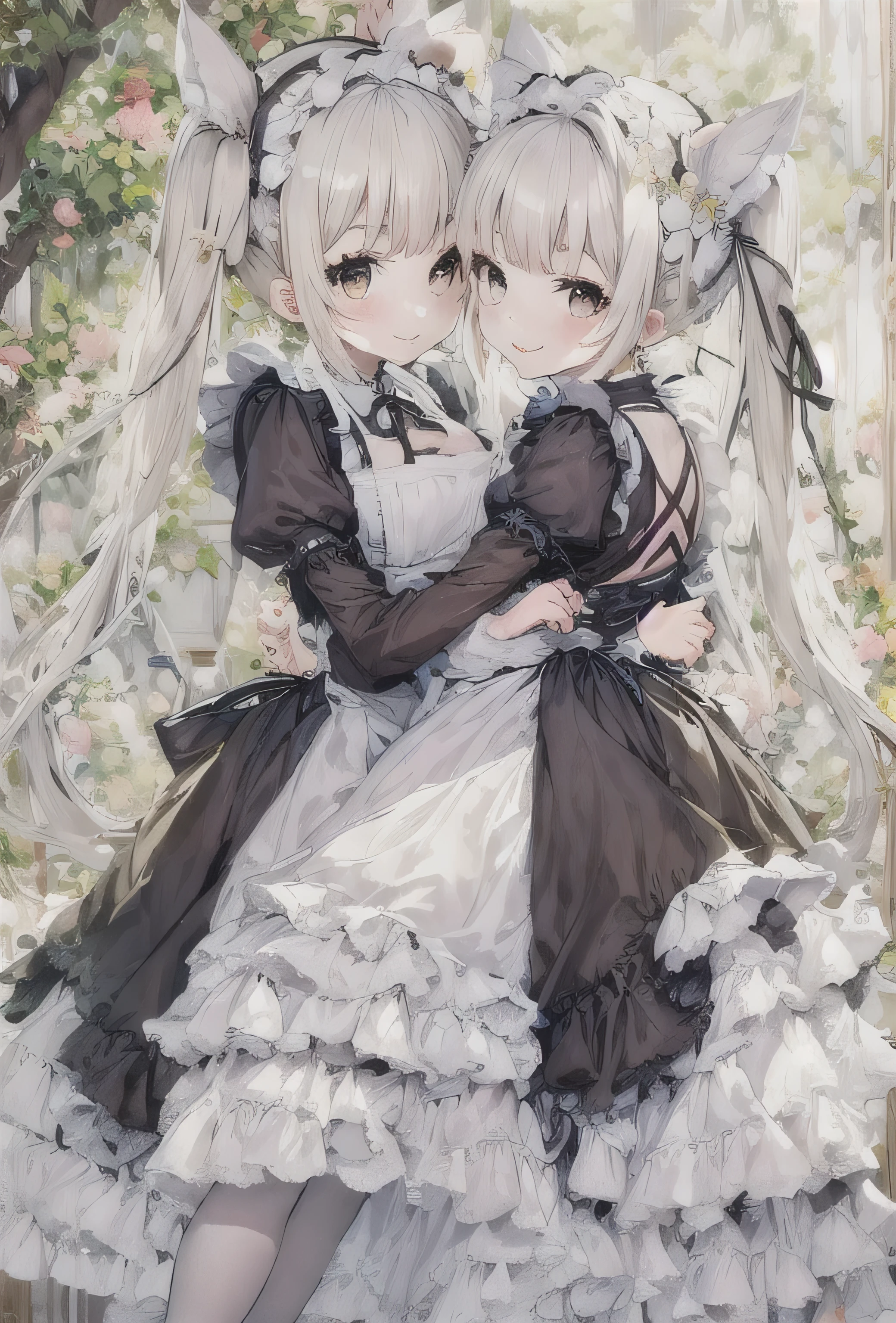 elvish two teen girls, Platinum blonde Hair、Twin tails、Brown eyes、smiling, Black maid outfit(Long sleeve、Long skirt)、White apron(long length、Bow on the back)、White tights、White petticoat(Lots of frills)、White ruffled headdress、Black strap shoes, hugging each other