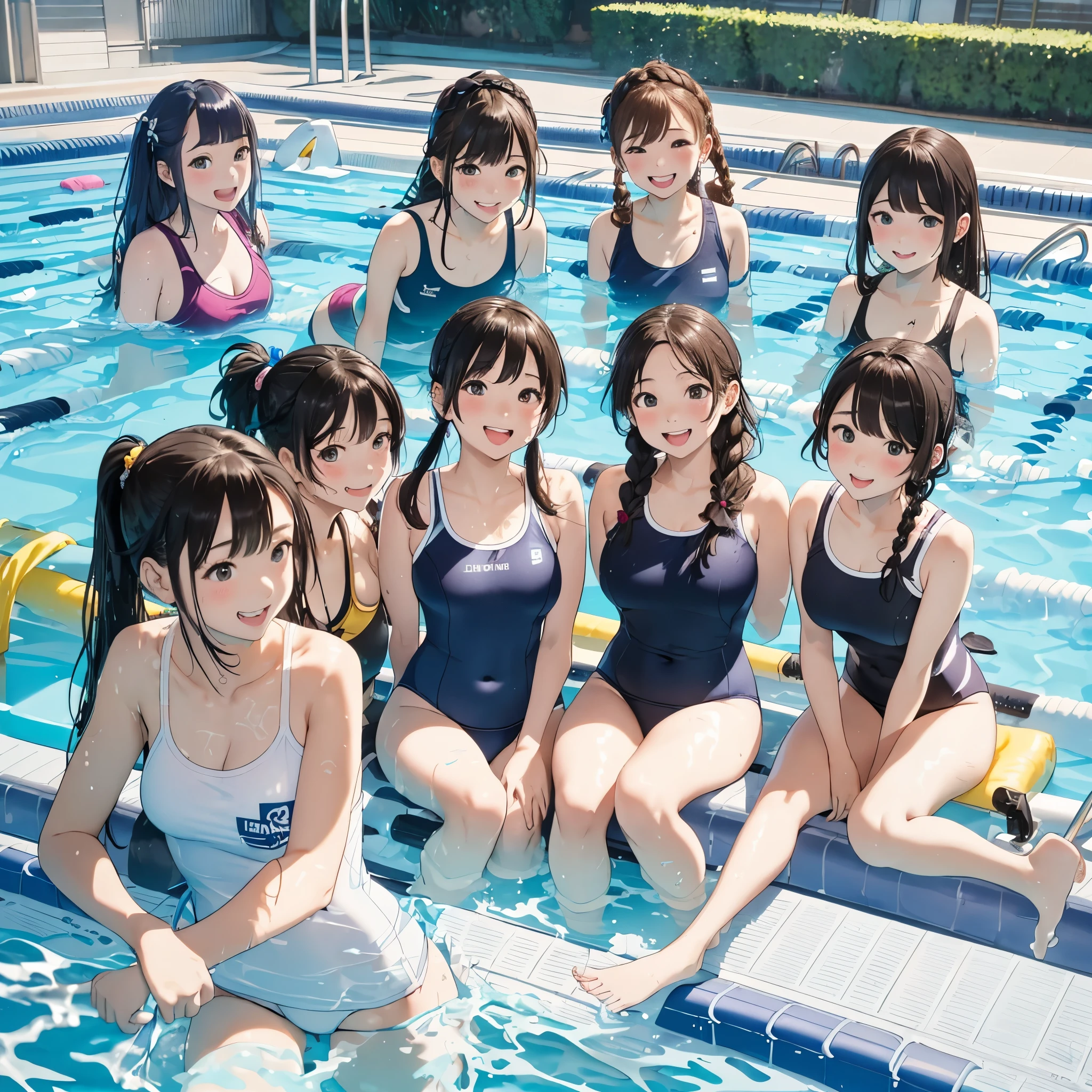 highest quality、High resolution、detailed background、masterpiece、cute10 year old beautiful girl、(5 women)、navy blue school swimsuit、brown hair、black hair、braided ponytail、Each has a cute braided hairstyle、(huge breasts:1.1)、realistic images、perfect body line、thick thighs、Show the whole body、detailed face、emphasize the chest、
(Five beautiful girls wearing school swimsuits are having fun playing around in the school pool.:1.5)、
playfully splashing water on each other、happy look、smiling、open your mouth and laugh、smile、sexual expression、Swimsuit that shines when wet、The whole body is wet、my hair is wet too、cute