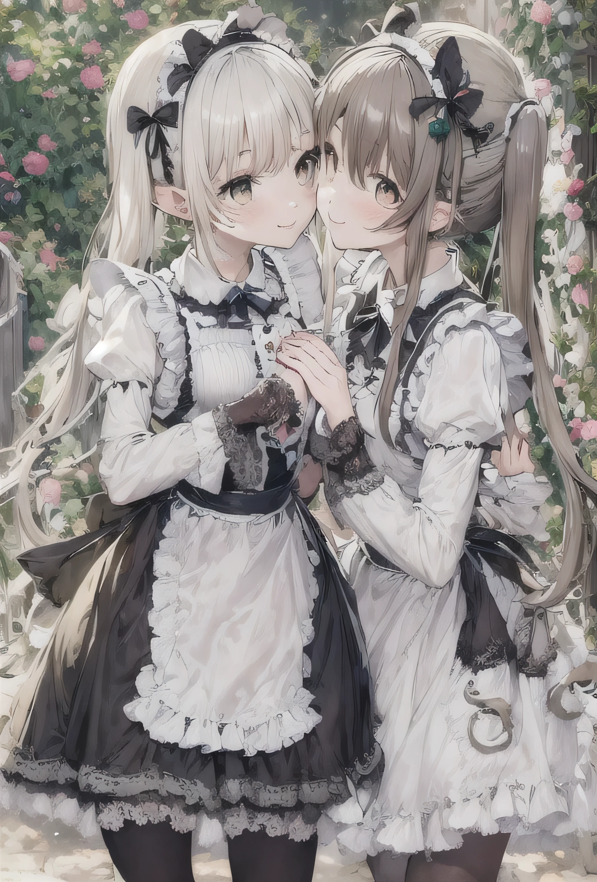 elvish two teen girls, Platinum blonde Hair、Twin tails、Brown eyes、smiling, Black maid outfit(Long sleeve、Long skirt)、White apron(long length、Bow on the back)、White tights、White petticoat(Lots of frills)、White ruffled headdress、Black strap shoes, hugging each other