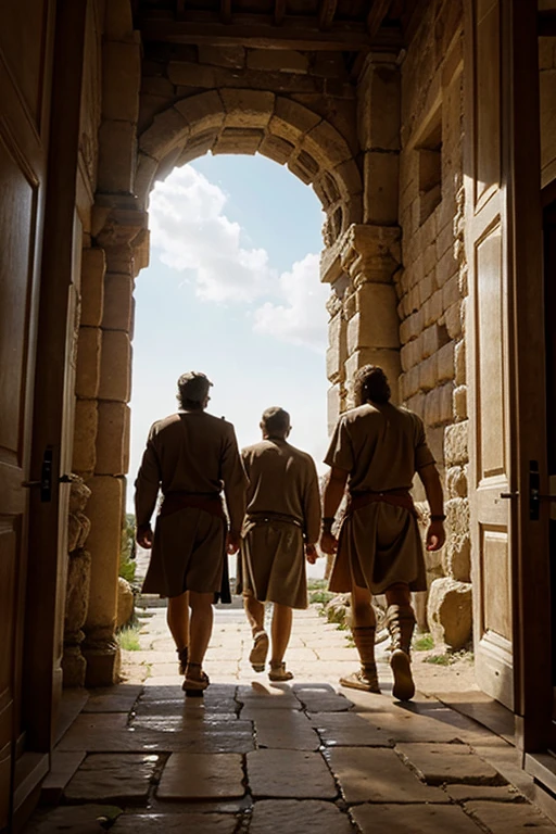 ancient men entering a palace where there are giants