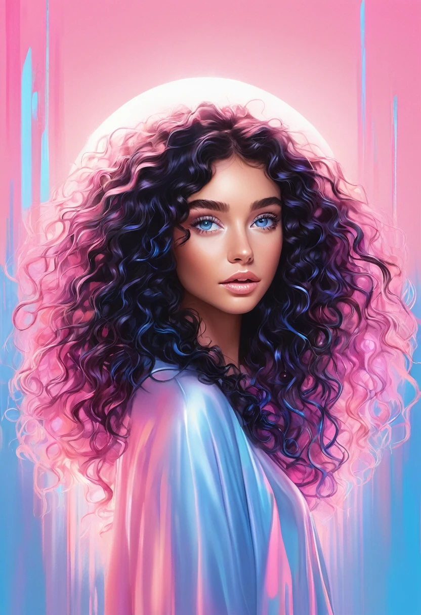 ((mejor calidad))logo of the title "euphoria", ligth pink colors, logo for a influenser,long black curly hair, tanned-like skin and blue eyes