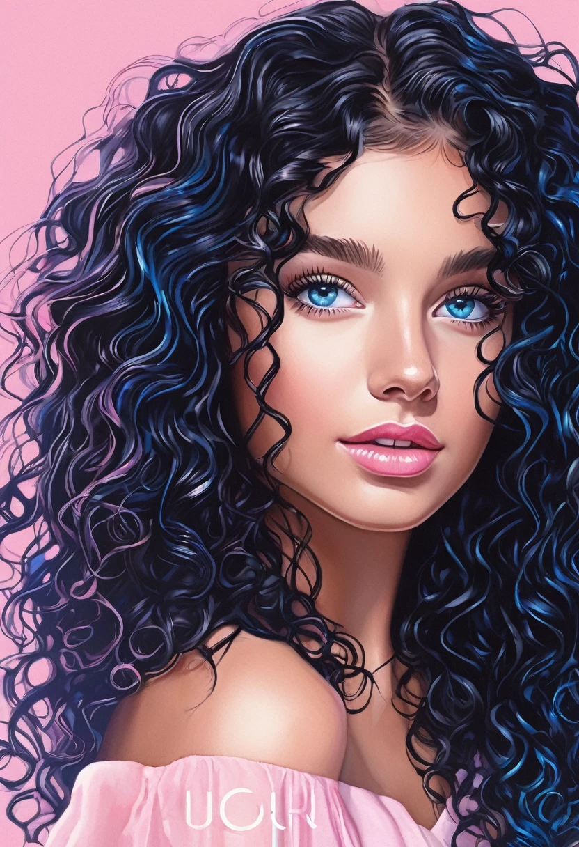 ((mejor calidad))logo of the title "euphoria", ligth pink colors, logo for a influenser,long black curly hair, tanned-like skin and blue eyes