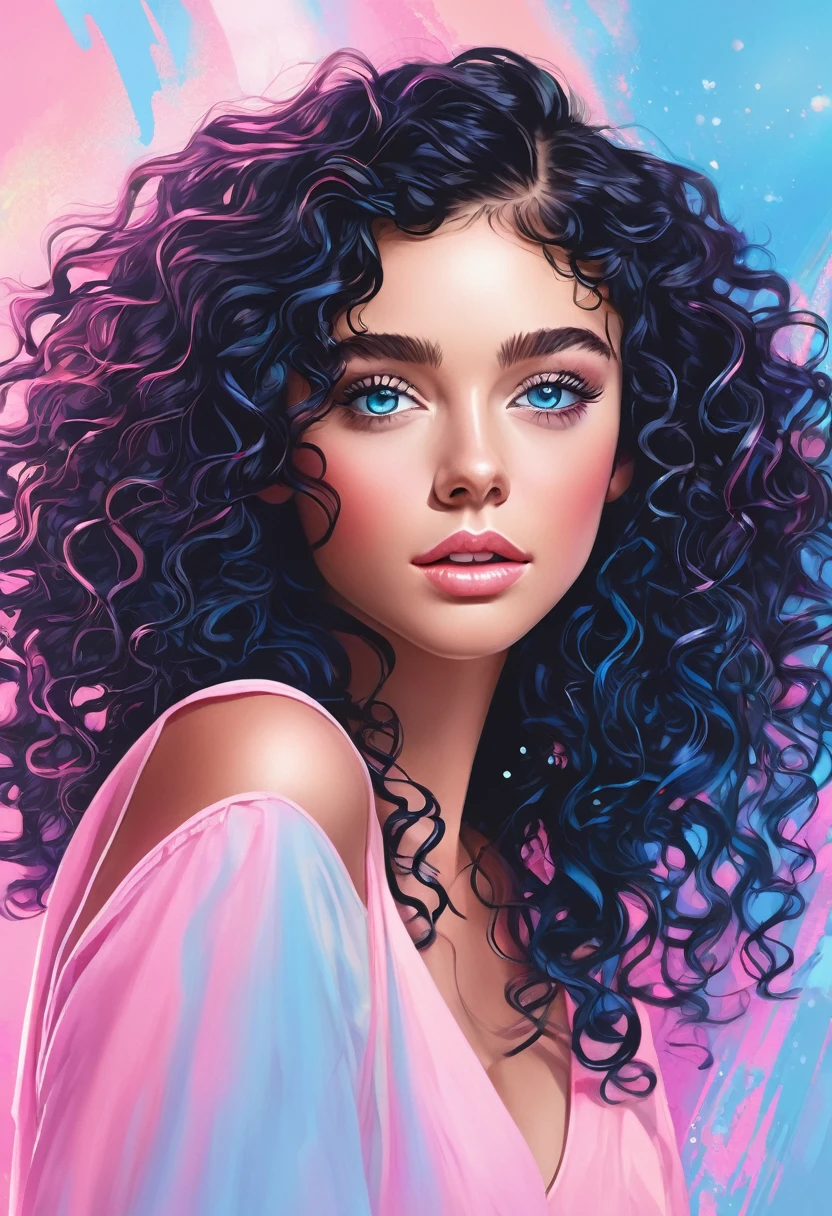 ((mejor calidad))logo of the title "euphoria", ligth pink colors, logo for a influenser,long black curly hair, tanned-like skin and blue eyes