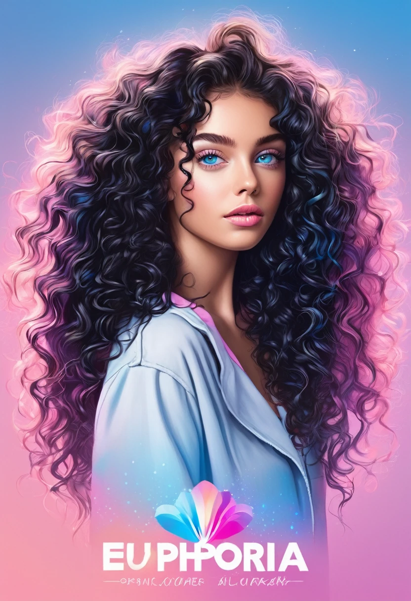 ((mejor calidad))logo of the title "euphoria", ligth pink colors, logo for a influenser,long black curly hair, tanned-like skin and blue eyes
