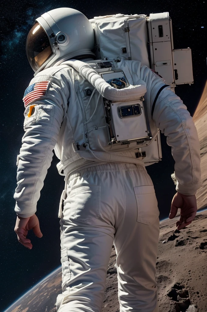 make an astronaut in white clothes with his back turned walking on a planet, make the universe as an image background (realistic image, ultra specific, planned cores, dramatic feel, no lights)