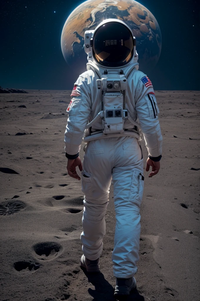 make an astronaut in white clothes with his back turned walking on a planet, make the universe as an image background (realistic image, ultra specific, planned cores, dramatic feel, no lights)