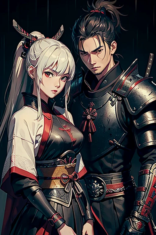 ((Best Quality)), ((Masterpiece)), (detailed), two samurai warriors, man and woman, with black armor and red details, in a dark and rainy environment