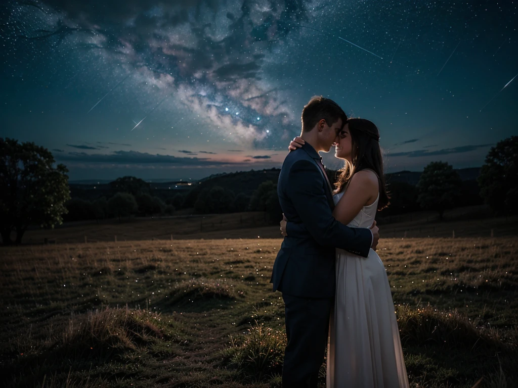 Starlit embrace: A couple standing under a sky filled with shining stars, embracing each other lovingly, with the night sky creating a dreamy atmosphere.