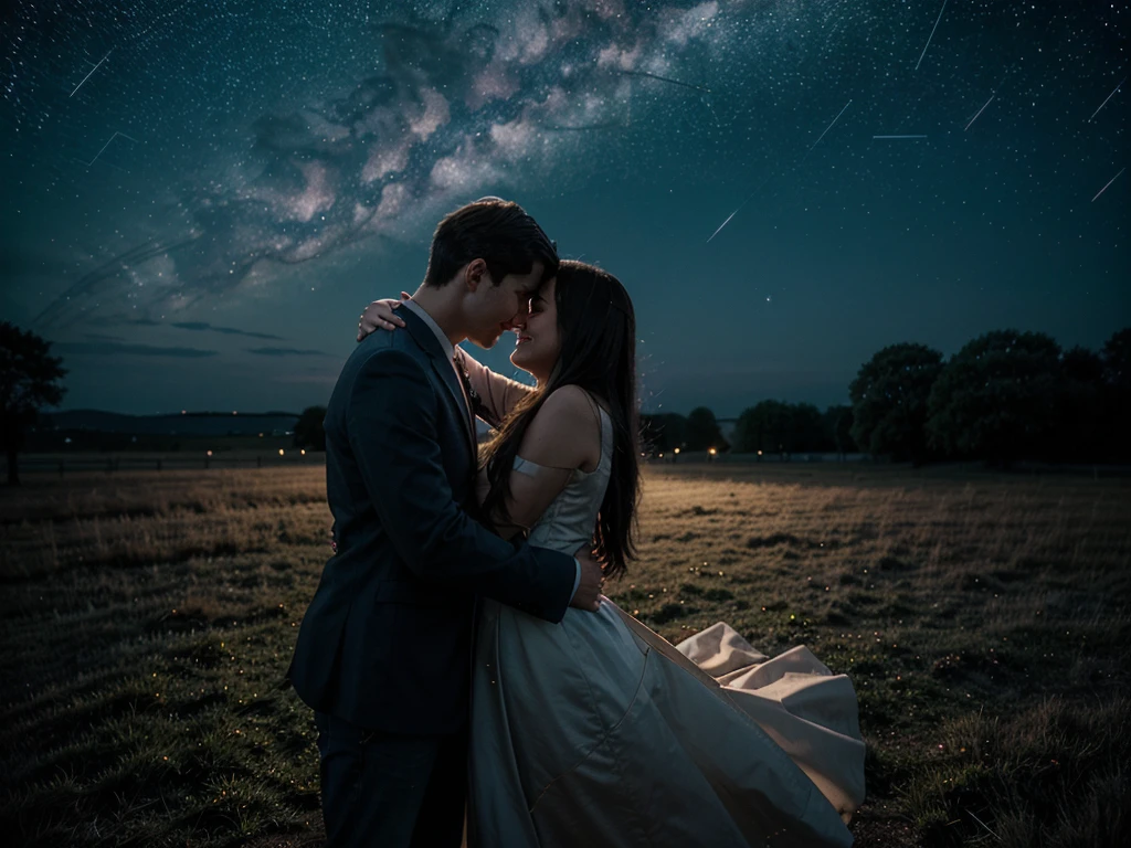 Starlit embrace: A couple standing under a sky filled with shining stars, embracing each other lovingly, with the night sky creating a dreamy atmosphere.