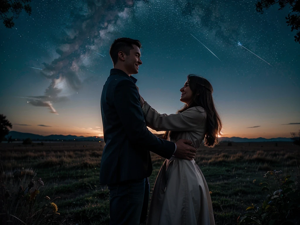 Design a sensual and intimate portrait of two lovers embracing passionately under starlight. Their bodies entwine softly, expressing genuine affection and connection. Delicate tendrils of golden light emanate from their touch points, symbolizing the warmth and intensity of their bond. Surrounding them is a celestial landscape filled with swirling galaxies, planets, and constellations, representing the vastness and mystery of love. Utilize subtle color gradients and soft focus techniques to evoke emotion and intimacy without crossing into explicit territory. (full body:1.5), enormous tits