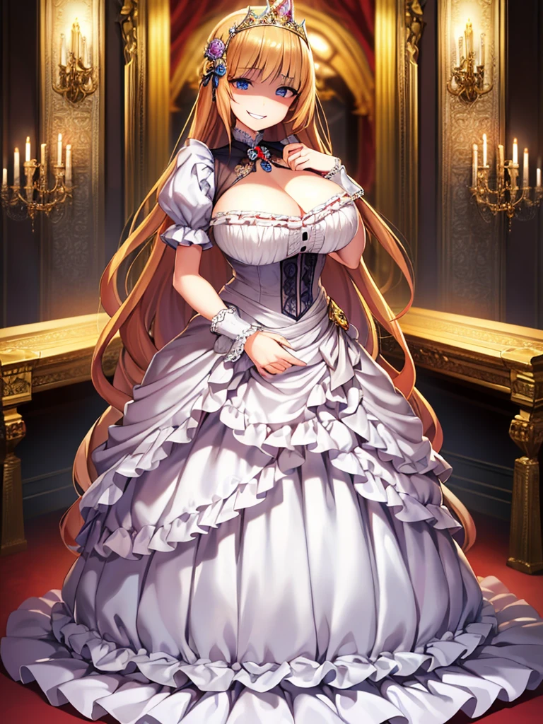 ((Anime art style)),(masterpiece),(Highest quality), (Very detailed),((Very delicate and beautiful)),((alone)),((whole body)),((1 princess in a gorgeous Victorian dress)),Lots of frills,Detailed face and eyes,Jewel-like eyes,((There is a volume and、Very long straight hair)),((Gorgeous embroidery and lace)),Gorgeous corsage,See through,gorgeous hair accessory,Gorgeous sparkling jewel tiara,Gorgeous frills,((Huge breasts,Long chest)),Skin dents,((whole body)),((Skirt of Hope,crinoline)),Standing pose,Dynamic Angle,Show Viewer,Royal Victoria Palace,(((A gorgeous Victorian dress with rich embroidery)),whole body,Big Breasts, Grin、With a creepy smile, A smile with downturned corners,View your audience, blush, Open your mouth,Please place your hand on your chest