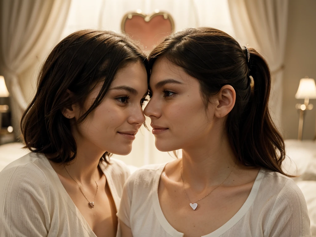 Heartbeats side by side: A close-up of a couple's faces, showing their hearts racing as they stand side by side, with a gentle, warm light illuminating their expressions.