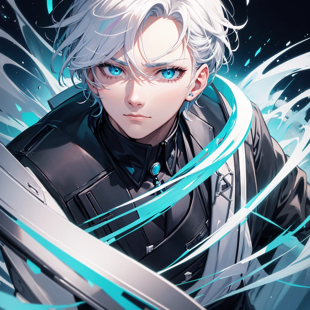 Man, adult, beauty face, white hair spiked up, bright cyan eyes, black suit 
