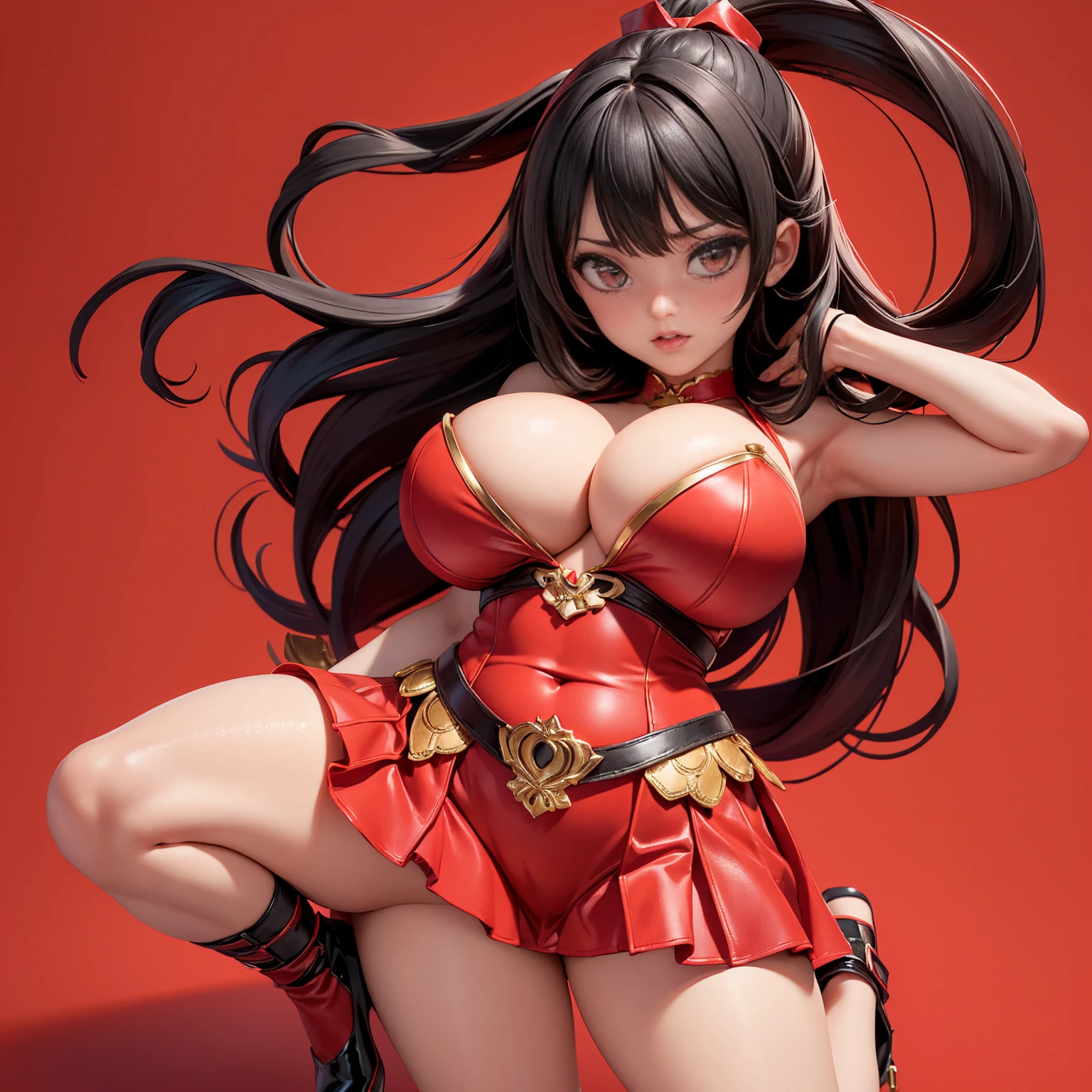 (full_body)、Woman、red_background、(big_breasts:1.5)、Detailed、POP、vivid、pose、Open chest、、idol、under_boobs