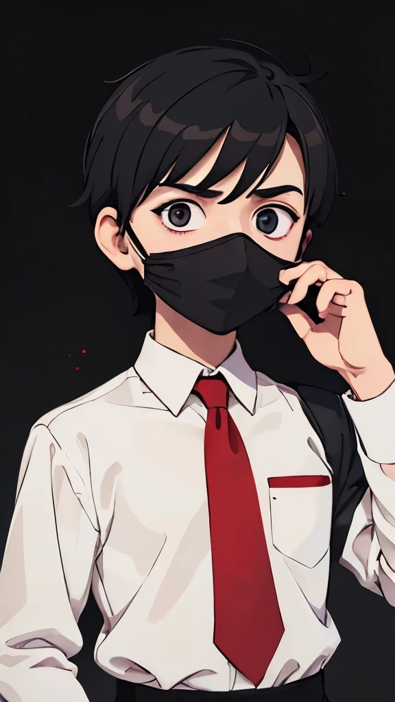 Boy in white shirt stained with small marks of blood?With a red tie, black pants and a square, flat mask made of black metal that covers his entire face, there are 2 bright white circles in the eye area.