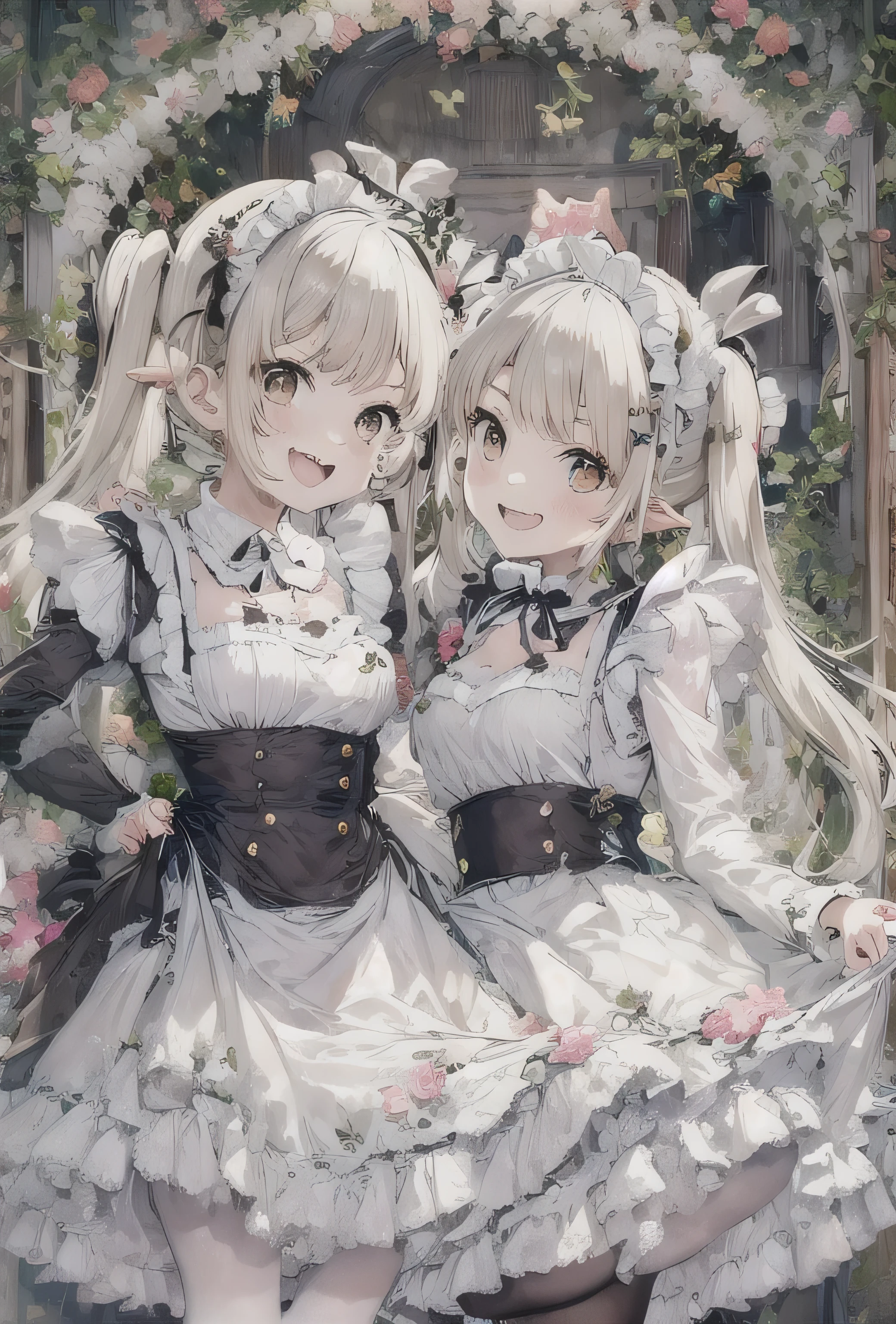 elvish two teen girls, Platinum blonde Hair、Twin tails、Brown eyes、smiling, Black maid outfit(Long sleeve、Long skirt)、White apron(long length、Bow on the back)、White tights、White petticoat(Lots of frills)、White ruffled headdress、Black strap shoes, hugging each other