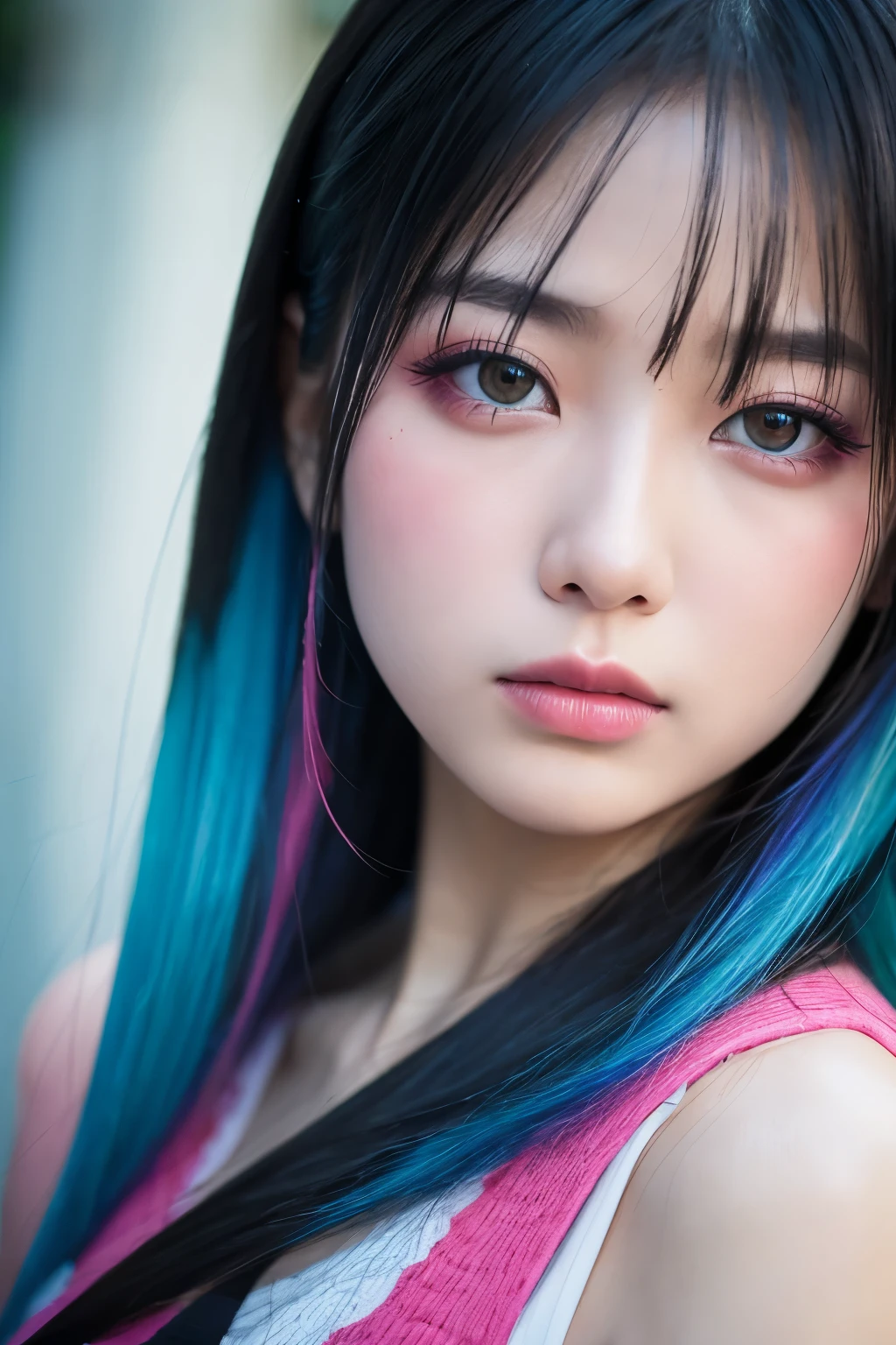 A close up of a woman with long black hair and blue hair - SeaArt AI