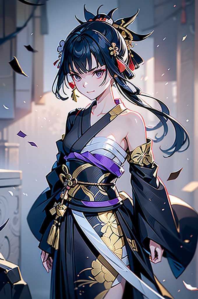 ((roll up bandage sideways on a chest tightly to cover the chest without gaps)), bandage samweways, the bantage is no chest shape, flat chest, ((Japanese Gangster BOSS)), adult woman with the dignified presence, Killing Qi, wear nothing around shoulder, wear nothing around neck, wear the kimono, wear it below the waist, (I wind it up to control it, and to attach it), ((kimono come off)) ,wear the kimono multiple times, Bare shoulders and the clavicle, black and gold kimono, put on over jacket of kimono, (holding a japanese sword which shine in purple, The handole of the sword is black, and the blade is gray, long sword), eye fire, low angle, whole body, bandage is seen, anime character, Glaring, off sholder, nappropriate smile, Excellent, black blue hair, can see both shoulder, long hem, small face, ((cherry blossam big tattoo on the arm))
