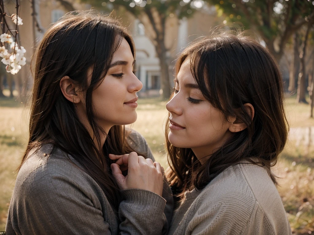 Whispered love: A romantic scene of a couple, with one whispering softly into the other's ear, their expressions filled with love and comfort, set against a serene background.