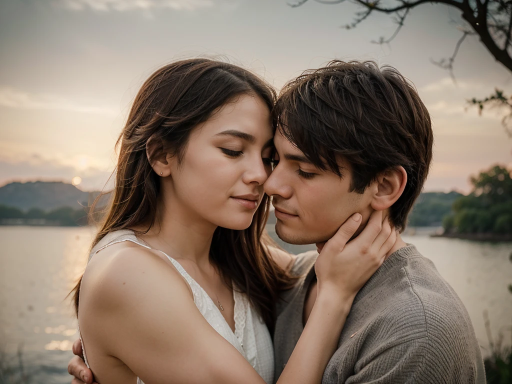 Whispered love: A romantic scene of a couple, with one whispering softly into the other's ear, their expressions filled with love and comfort, set against a serene background.