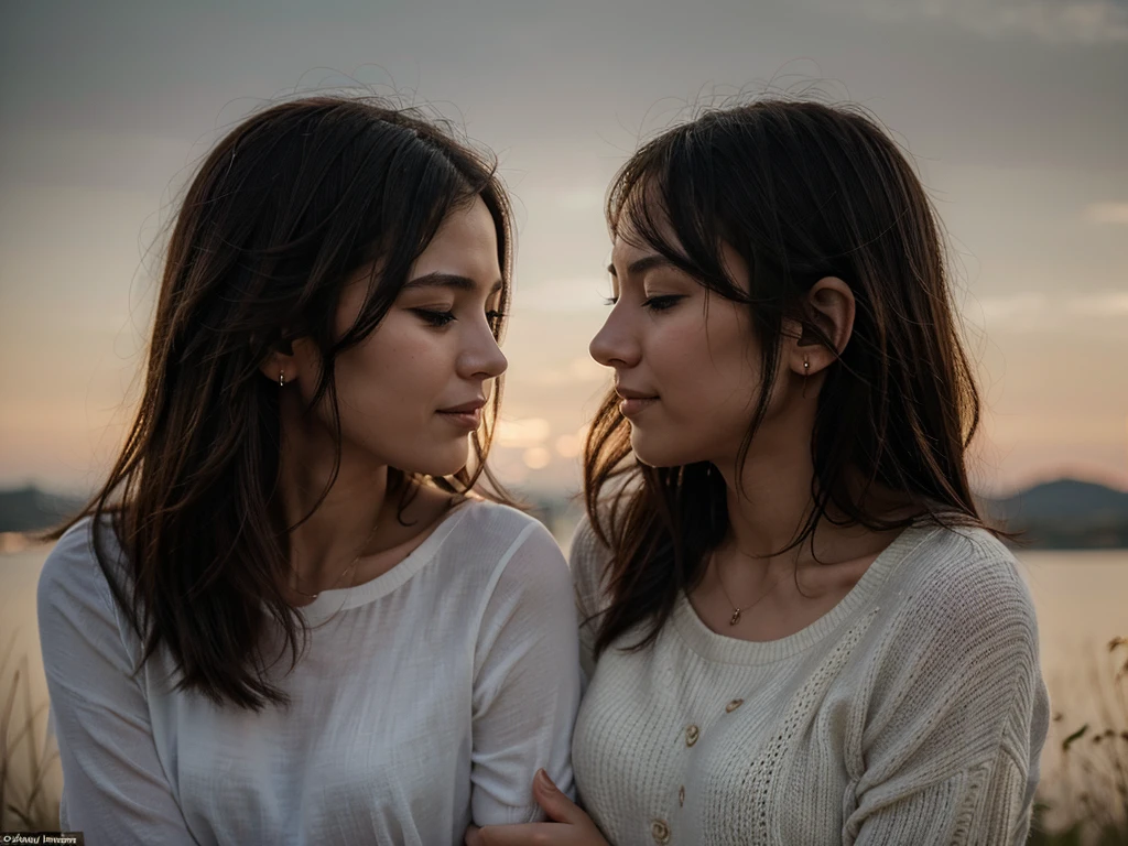 Whispered love: A romantic scene of a couple, with one whispering softly into the other's ear, their expressions filled with love and comfort, set against a serene background.