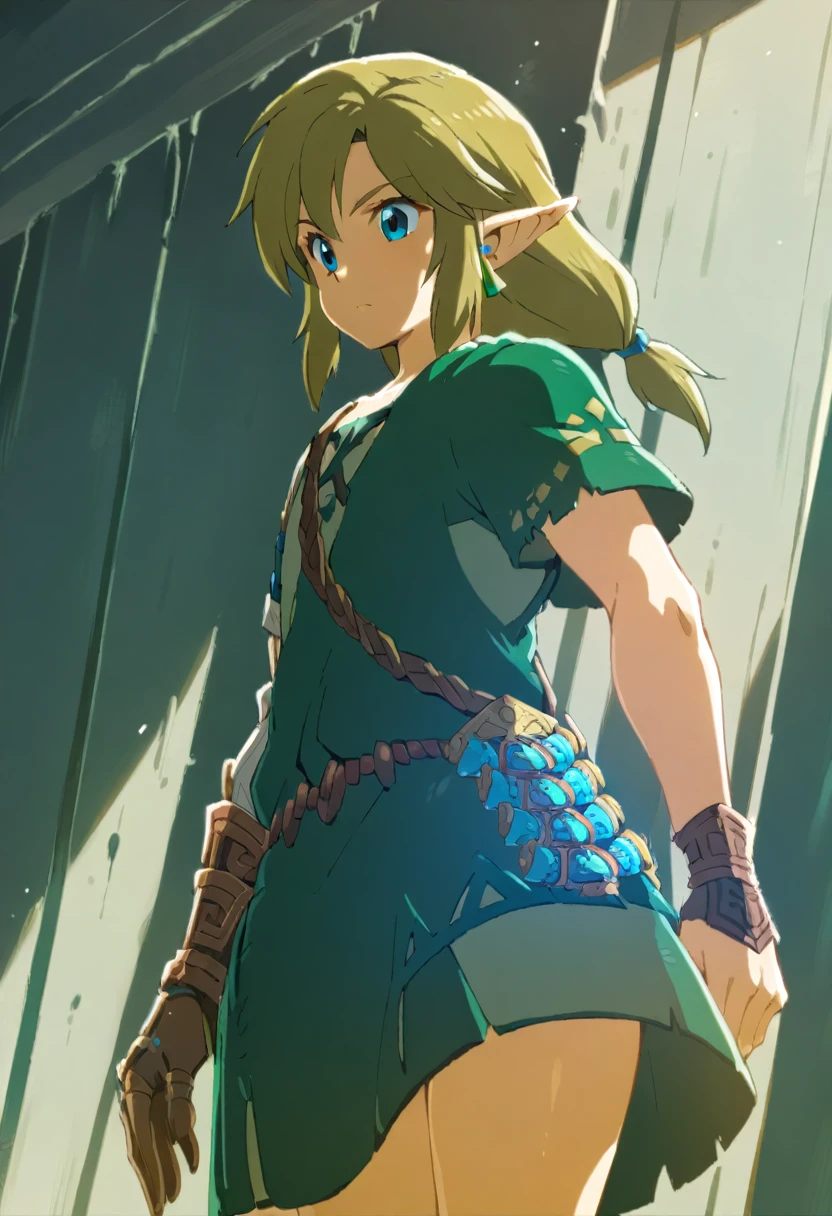 1 boy, link\(The Legend of Zelda\), totklink, zonai dress, single bare shoulder, ((Masterpiece)), ((Best Quality)), (Very Detailed), ((Very Detailed)), 4K, (8K), very aesthetic, absurdres highres,