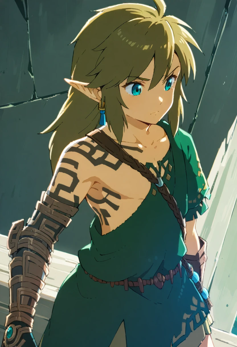 1 boy, link\(The Legend of Zelda\), totklink, zonai dress, single bare shoulder, ((Masterpiece)), ((Best Quality)), (Very Detailed), ((Very Detailed)), 4K, (8K), very aesthetic, absurdres highres,