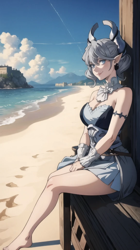 Beautiful arts wallpaper Sunset Outside castle top High level image quality best image quality 8K adult woman silver castle outside more colors whole body view portrait wearing pure white pirate dress horn ears short hair((shortcut)(gray hair)(perm)(fluffy)) eye color is blue , , attractive evil face , smile , beach , labrynth , barefoot , teasing with her breast, , sitting with crossed legs , waves