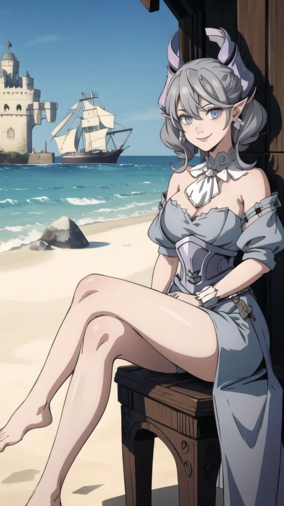 Beautiful arts wallpaper Sunset Outside castle top High level image quality best image quality 8K adult woman on pirate ship with black seals more colors whole body view portrait ears short hair((shortcut)(gray hair)(perm)(fluffy)) eye color is blue , , attractive evil face , smile , wering pirate dress, horn , labrynth , sitting with crossed legs , barefoot , side