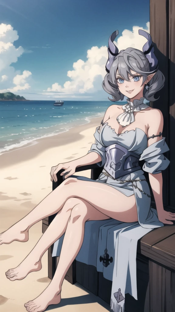 Beautiful arts wallpaper Sunset Outside castle top High level image quality best image quality 8K adult woman on pirate ship with black seals more colors whole body view portrait ears short hair((shortcut)(gray hair)(perm)(fluffy)) eye color is blue , , attractive evil face , smile , wering pirate dress, horn , labrynth , sitting with crossed legs , barefoot , side