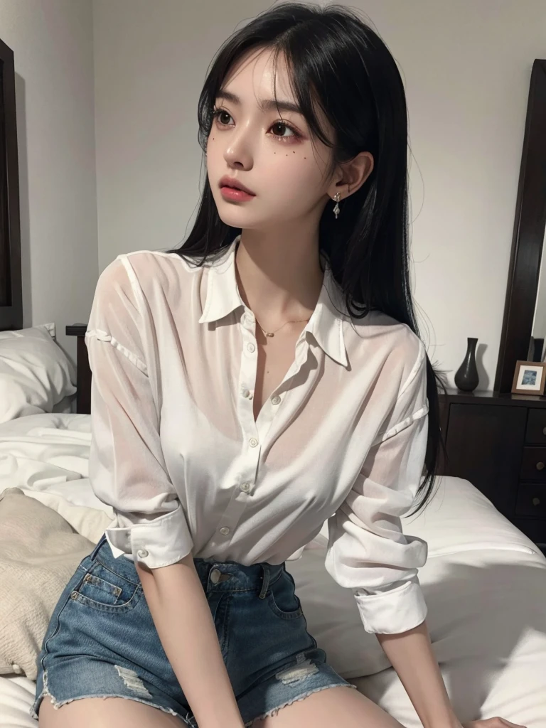 absurdres, RAW photo, extremely delicate and beautiful, masterpiece, Best Quality, ultra high resolution, 32k, hyperrealistic, ultra-detailed, perfect figure, in her 20s, very small head, very small face, delicate facial features, tearful mole, earring, huge breasts, big breasts, full body shot, medium hair, black hair, collared shirt, shorts, bare legs,