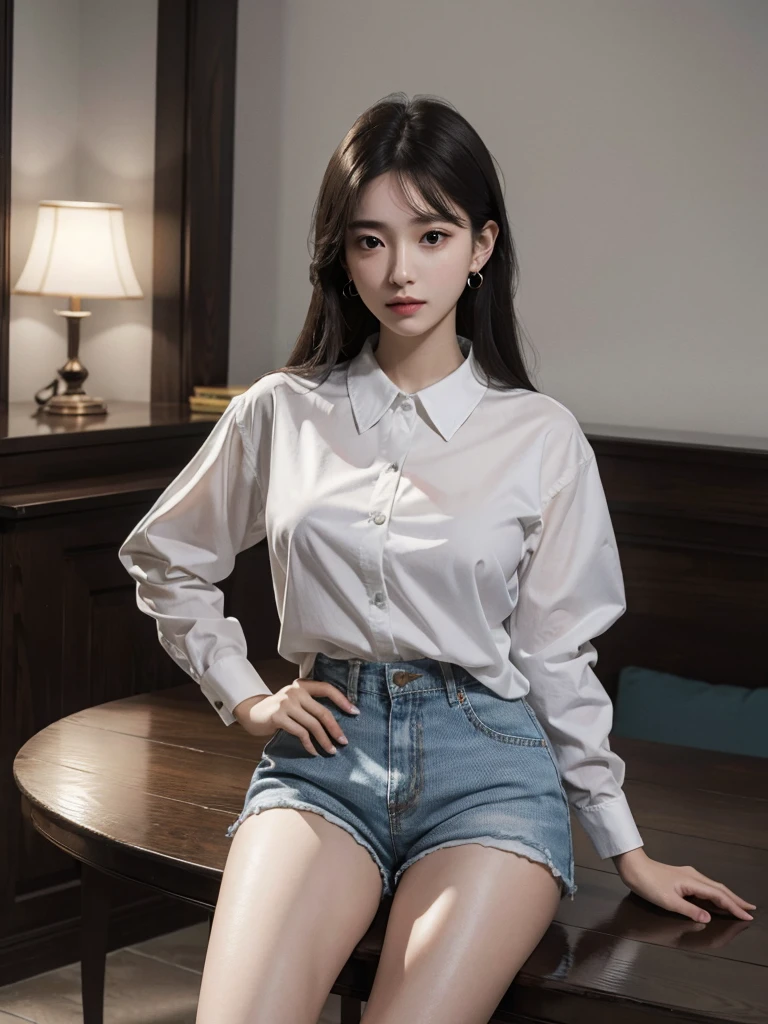 absurdres, RAW photo, extremely delicate and beautiful, masterpiece, Best Quality, ultra high resolution, 32k, hyperrealistic, ultra-detailed, perfect figure, in her 20s, very small head, very small face, delicate facial features, tearful mole, earring, huge breasts, big breasts, full body shot, medium hair, black hair, collared shirt, shorts, bare legs,