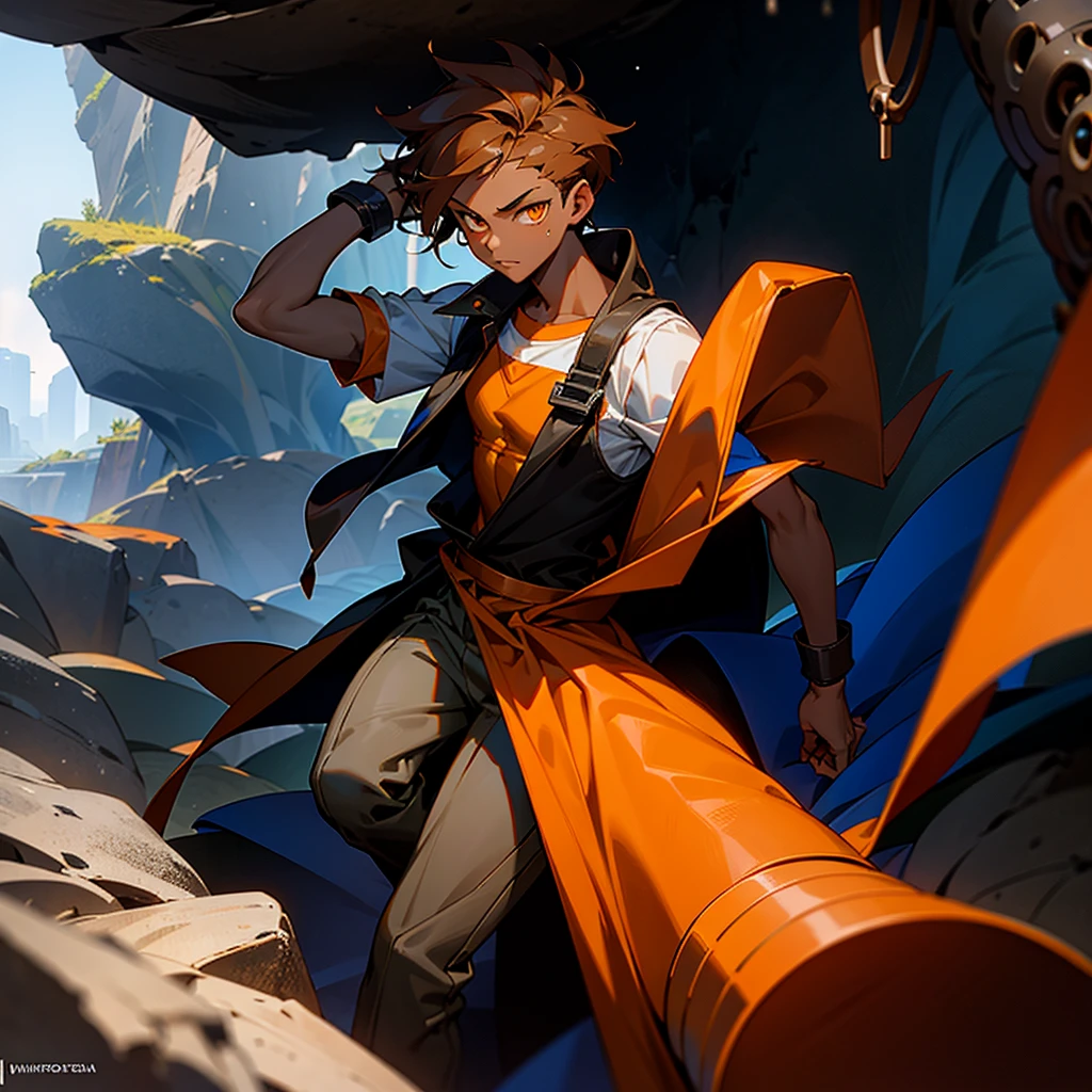 creates a 17 year old young man,  dark skin color, orange eye color, dark hair color, mechanic clothing, cave landscape, that reads a mechanical key in his hand