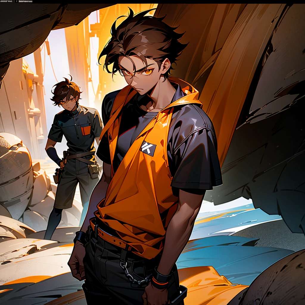 creates a 17 year old young man,  dark skin color, orange eye color, dark hair color, mechanic clothing, cave landscape, that reads a mechanical key in his hand