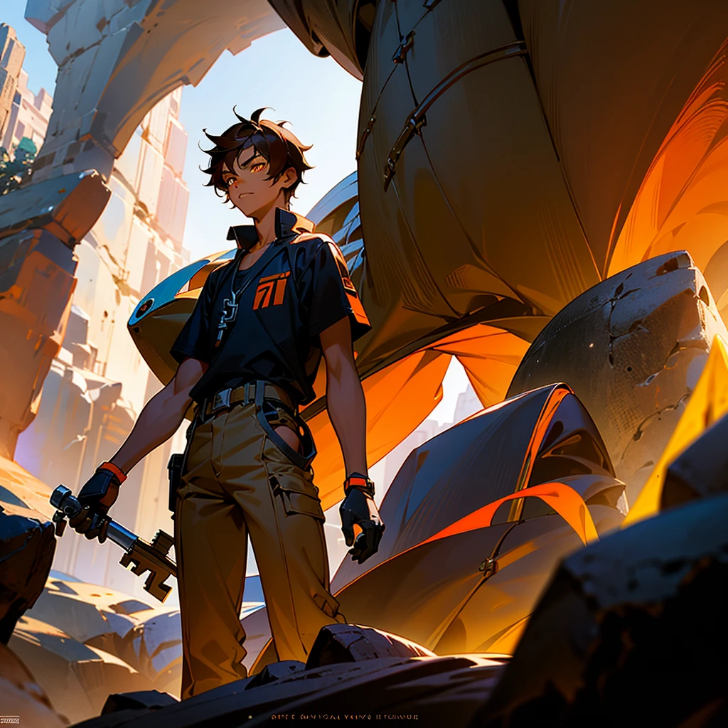 creates a 17 year old young man, dark skin color, orange eye color, dark hair color, mechanic clothing, cave landscape, that reads a mechanical key in his hand