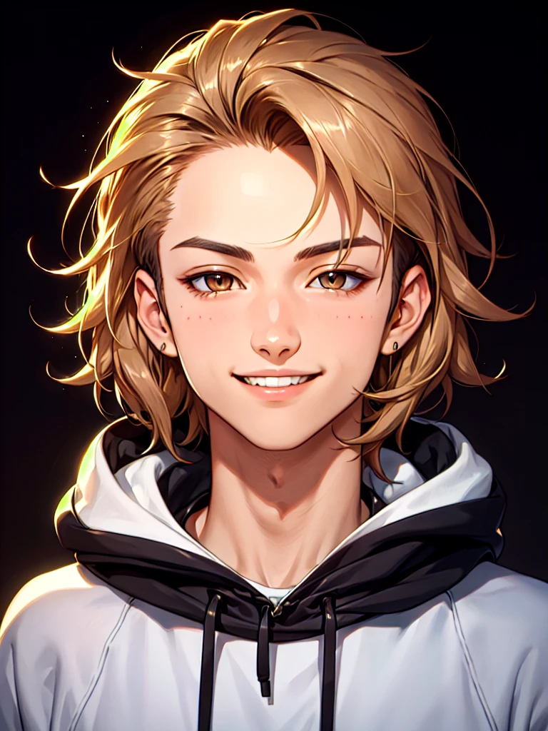 ((Portrait Photo)), He has a Youthful and Vibrant Appearance, with a Slim, Athletic Build and Lightly Tanned Skin. He Expresses a Confident and Self-Assured Look, Giving Off a Cheerful Glint and a Charismatic Smile. He has Light Brown Eyes, and His Hair is Short and Tousled, with Spiky Strands Falling Over His Forehead. He Wears a Light Black Hooded Sweatshirt. ((Portrait Photo, HDR, Dark Background))