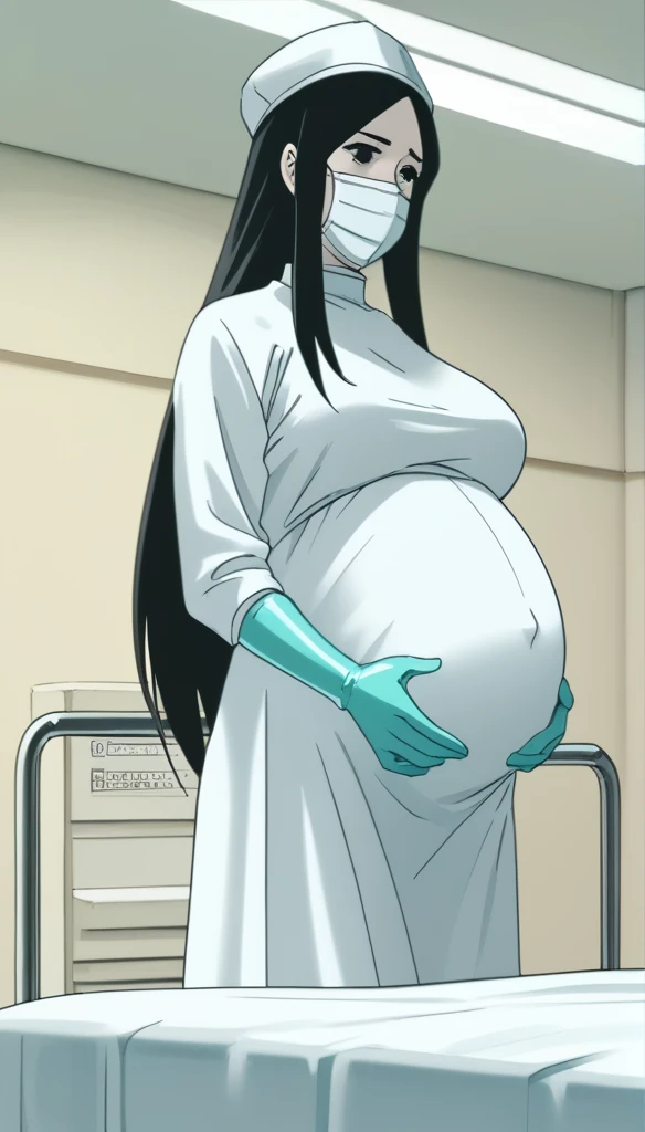 score_9, score_8_up, score_7_up, source_anime, raw image, masterpiece, highest quality, kasuganoray, pale skin, shy eyes, long black hair, big breasts, scrubs, surgical mask, surgical cap, long sleeve maternity dress, seamless, navel head,
1girl, pregnant, solo, long rubber gloves, looking down, furrowed brow, hospital bed, light shines from the ceiling, standing, patient room background,