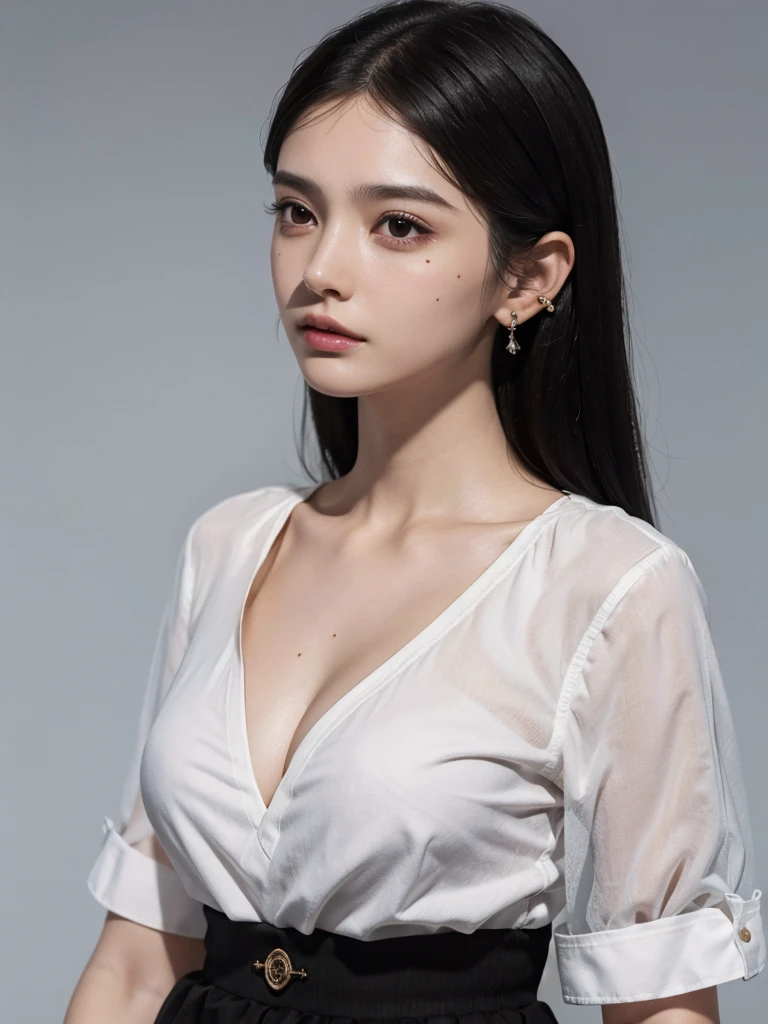 absurdres, RAW photo, extremely delicate and beautiful, masterpiece, Best Quality, ultra high resolution, 32k, hyperrealistic, ultra-detailed, perfect figure, in her 20s, very small head, very small face, delicate facial features, tearful mole, earring, ((huge breasts, full body shot)), medium hair, black hair, collared shirt, shorts,