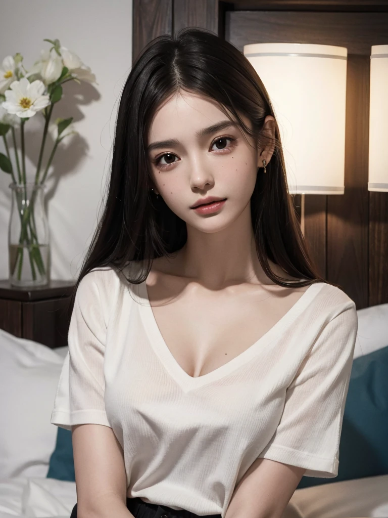 absurdres, RAW photo, extremely delicate and beautiful, masterpiece, Best Quality, ultra high resolution, 32k, hyperrealistic, ultra-detailed, perfect figure, in her 20s, very small head, very small face, delicate facial features, tearful mole, earring, ((huge breasts, full body shot)), medium hair, black hair, collared shirt, shorts,