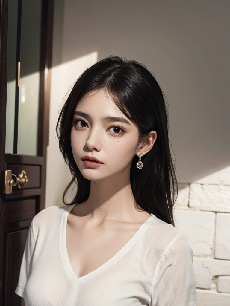 absurdres, RAW photo, extremely delicate and beautiful, masterpiece, Best Quality, ultra high resolution, 32k, hyperrealistic, ultra-detailed, perfect figure, in her 20s, very small head, very small face, delicate facial features, tearful mole, earring, ((huge breasts, full body shot)), medium hair, black hair, collared shirt, shorts,