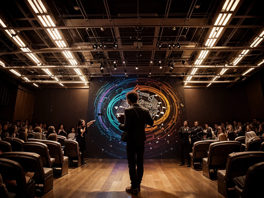 Never-ending song: An artistic depiction of a couple surrounded by musical notes and lyrics, symbolizing their love as a never-ending song, with vibrant colors and a sense of harmony.