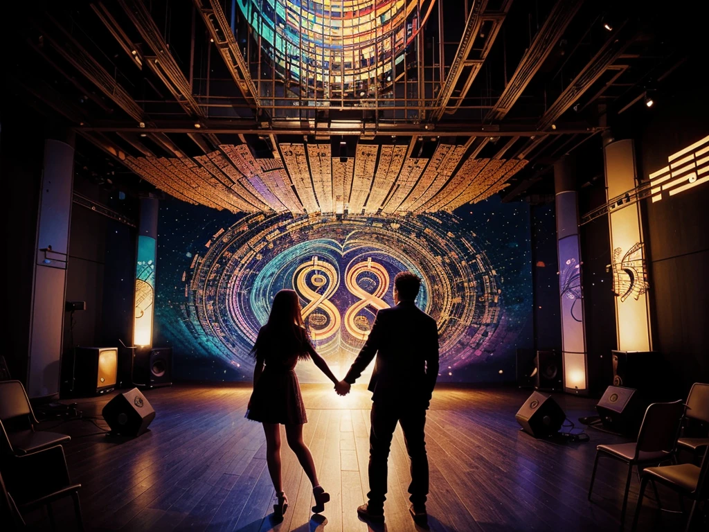 Never-ending song: An artistic depiction of a couple surrounded by musical notes and lyrics, symbolizing their love as a never-ending song, with vibrant colors and a sense of harmony.