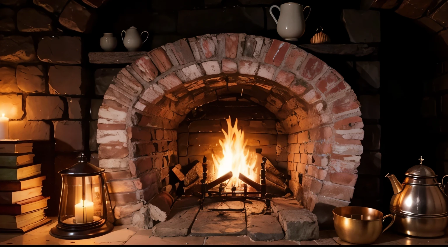 a magical hobbit fireplace, round hole, brick work, full of hobbit objects, magic ambient, cozy, incredible, 3d ambient, cup of tea, books, candles, hobbit middle-earth, the shire