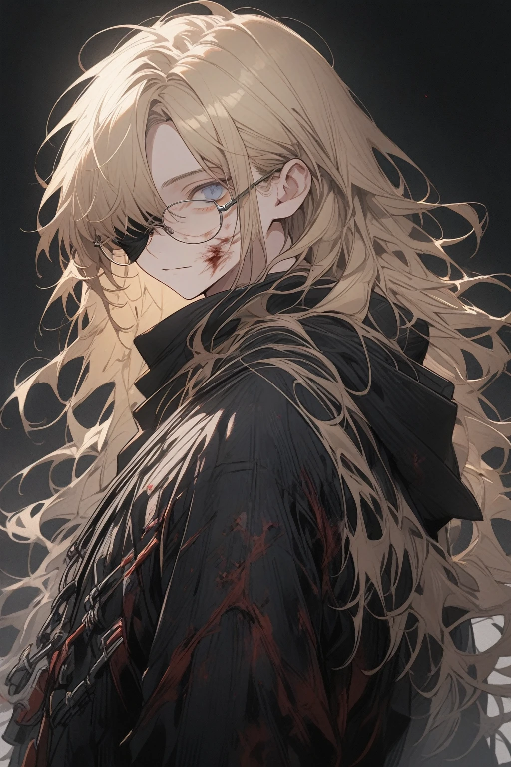 1 guy, blue eyes, wearing a blindfold over one eye, black covers one right eye, blond hair, wears glasses, many scars on his face, long hair disheveled, male build, looks at the viewer, calm face, emotionless face, dressed in a black hoodie, black pants, holds a big axe behind his back, black background, blood on clothes, blood on the cheek, shaded face, detailed, beautiful, delicate tones