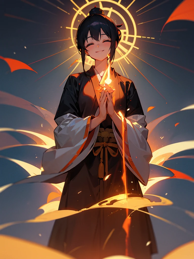 Amitabha Buddha smiling eyes closed zazen halo black hair hands together
中性的