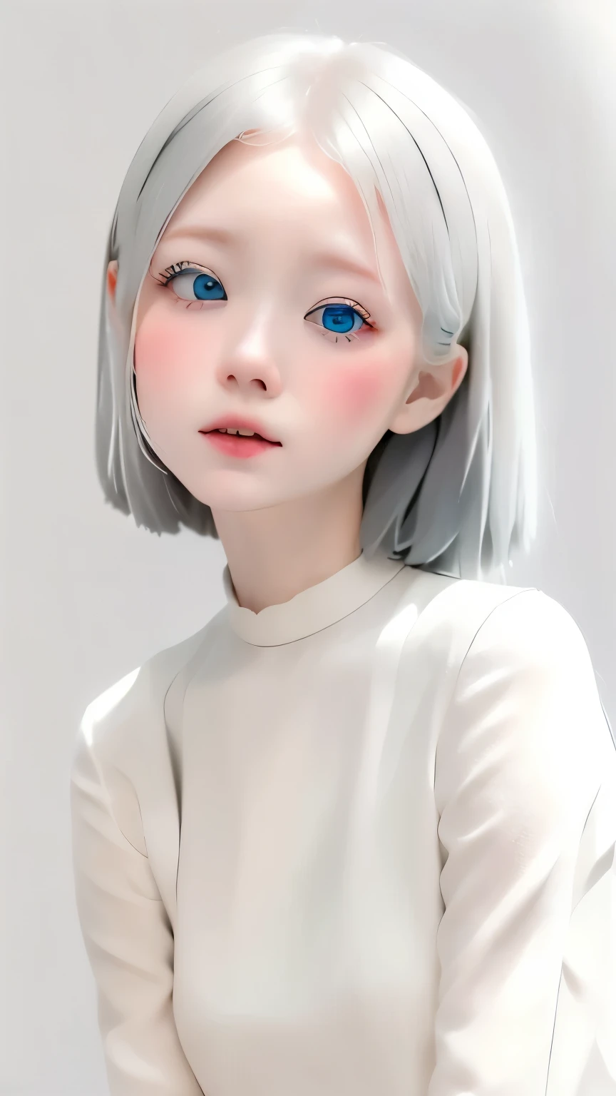 (((White Background:1.3)))、(((1 albino girl、Cute face、pretty girl))), 16 years old,(((Gray eyes:1.3)))、White Dress、((White shirt:1.3、White Block Dress)), Tyndall effect, Realistic, Shadow Studio,ultramarine、illumination, Dual tone illumination, (Skin with attention to detail: 1.2)、薄Dark illumination、Dark illumination、 photograph, High resolution, 4K, 8K, Background Blur,Beautiful fade out、White world、White Background