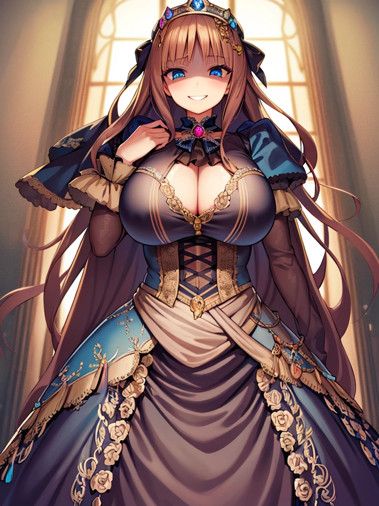 ((Anime art style)),(masterpiece),(Highest quality), (Very detailed),((Very delicate and beautiful)),((alone)),((whole body)),((1 princess in a gorgeous Victorian dress)),Lots of frills,Detailed face and eyes,Jewel-like eyes,((There is a volume and、Very long straight hair)),((Gorgeous embroidery and lace)),Gorgeous corsage,See through,gorgeous hair accessory,Gorgeous sparkling jewel tiara,Gorgeous frills,((Huge breasts,Long chest)),Skin dents,((whole body)),((Skirt of Hope,crinoline)),Standing pose,Dynamic Angle,Show Viewer,Royal Victoria Palace,(((A gorgeous Victorian dress with rich embroidery)),whole body,Big Breasts, Grin、With a creepy smile, A smile with downturned corners,View your audience, blush, Open your mouth,Please place your hand on your chest