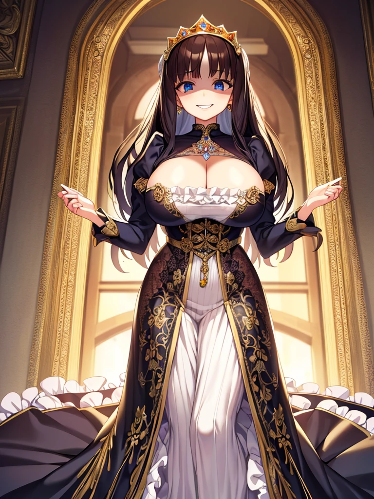 ((Anime art style)),(masterpiece),(Highest quality), (Very detailed),((Very delicate and beautiful)),((alone)),((whole body)),((1 princess in a gorgeous Victorian dress)),Lots of frills,Detailed face and eyes,Jewel-like eyes,((There is a volume and、Very long straight hair)),((Gorgeous embroidery and lace)),Gorgeous corsage,See through,gorgeous hair accessory,Gorgeous sparkling jewel tiara,Gorgeous frills,((Huge breasts,Long chest)),Skin dents,((whole body)),((Skirt of Hope,crinoline)),Standing pose,Dynamic Angle,Show Viewer,Royal Victoria Palace,(((A gorgeous Victorian dress with rich embroidery)),whole body,Big Breasts, Grin、With a creepy smile, A smile with downturned corners,View your audience, blush, Open your mouth,Please place your hand on your chest